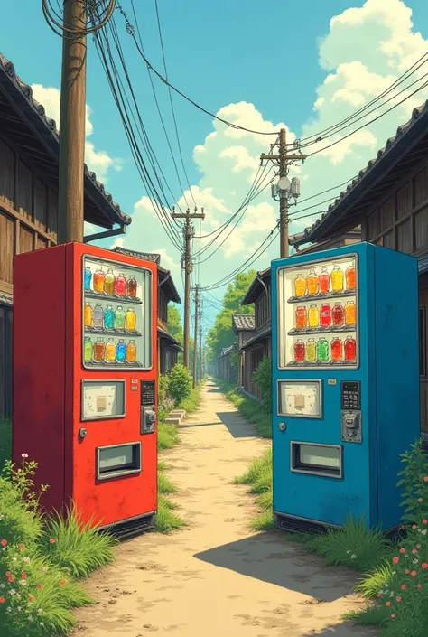 Two slightly rusted vending machines, one red and one blue, stand in a quiet countryside alley. The machines are filled with colorful drinks, their glass reflecting the warm afternoon sun. The scene has an aged, textured look with warm and muted colors. Ov...