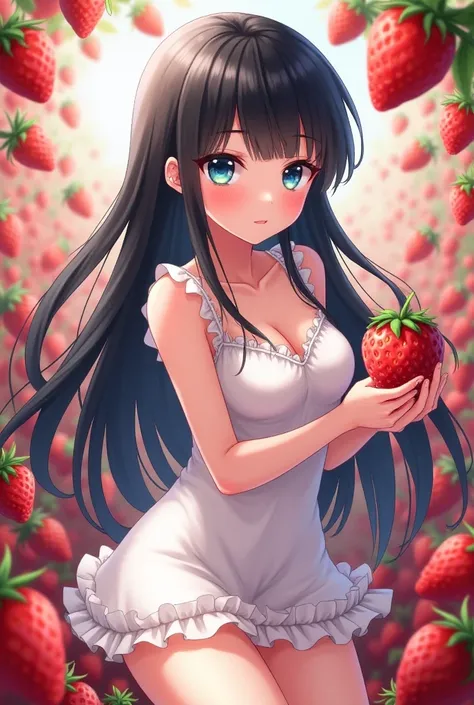  anime style。 Beautiful Woman with Long Black Hair 。I'm wearing a white one-piece skirt。My eyes are blue。I have a big strawberry。The background is strawberry。 square image 。