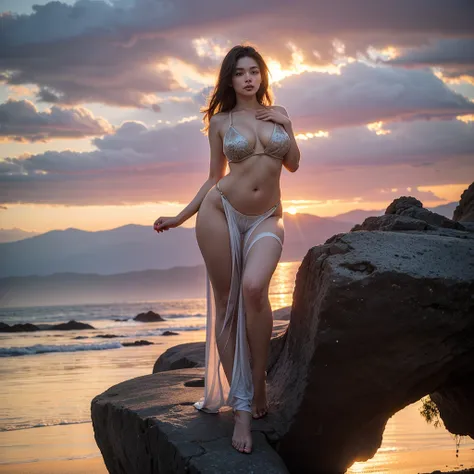 Ultra-detailed, realistic, and cinematic, a full-body shot of a confident woman standing naked, with her arms wide open, embracing the vast landscape, and facing the camera with an unbridled sense of freedom and joy. Her voluptuous figure is accentuated by...