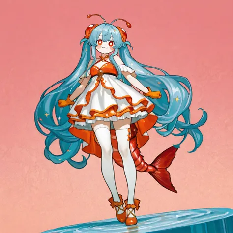 1girl, full body, A cute anime shrimp girl with a vibrant design, inspired by the colors and features of a shrimp. She has long, flowing hair in a gradient of soft pink to vivid orange that look like shrimps, styled into twin pigtails that resemble shrimp ...