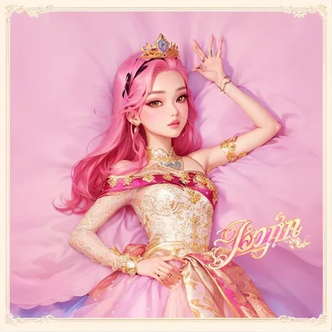 a close up of a cartoon girl with pink hair wearing a tiable, official artwork, portrait of jossi of blackpink, jossi of blackpink, jia, royal elegant pose, jojo cover art, official fanart, ever after high, official art, john park, jojo, jinyoung shin, pro...