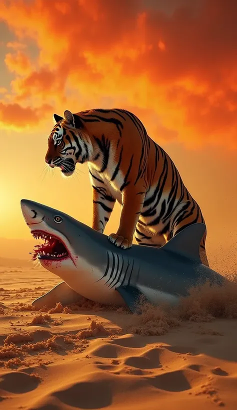 "A fierce and dramatic scene set in a vast, barren desert under a fiery orange and red sunset. A powerful tiger stands triumphantly on the body of a defeated shark, asserting its dominance. The shark lies sprawled on the desert floor, injured and bloodied,...