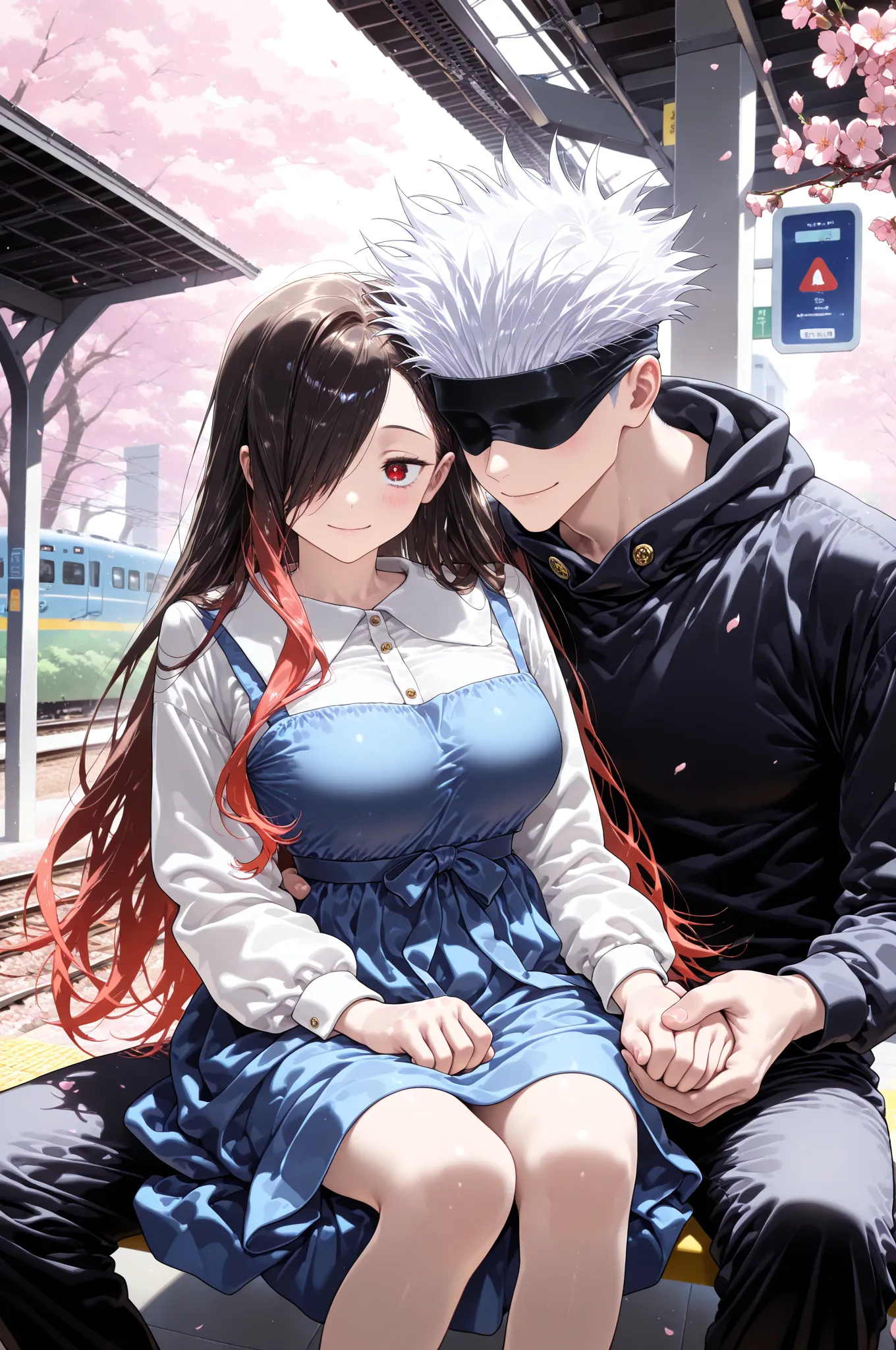 masterpiece, best quality, amazing quality, very aesthetic, absurdres, newest, scenery, vibrant colors, BREAK 1boy, gojou satoru, jujutsu kaisen, covered eyes, white hair, black blindfold, sexy man, handsome, hoodie, pants, BREAK duo focus, hetero, couple,...