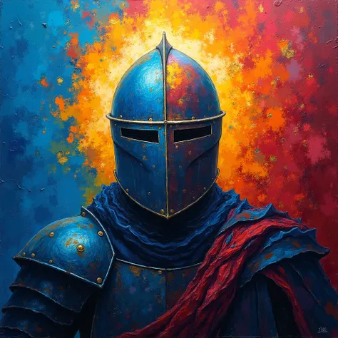 A vibrant and abstract painting featuring A Knight helmet. The background is an explosion of bold, textured colors, with fiery Blue, deep blue, and dark blue together in a dramatic and expressive manner. The brushstrokes are bold and dynamic, giving the ar...