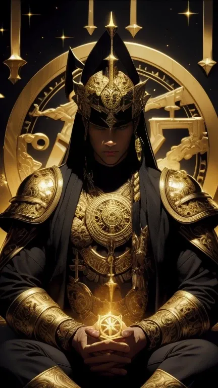  high quality,  masterpiece ,  best detail ,  man in black armor with golden runes , with Aztec equipment with golden runes, aztec tool, Moon above , Meditating in the Lotus Position,  using destructive magic from the foundation of the universe 