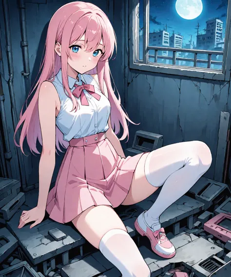 very beautiful & cute anime girl with long pink hair & blue eyes, wearing a pink skirt & a white sleeveless seifuku shirt, white knee-high socks, inside of a abandoned urban factory in a dark night sky, 1girl, solo