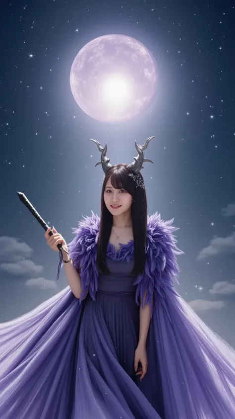 「Demon Queen 、 with sharp horns and purple feathers 、She has a magic wand 、 she stands mysteriously in the moonlight 。A magical orb floats behind her、 stars twinkle in the night sky 。」