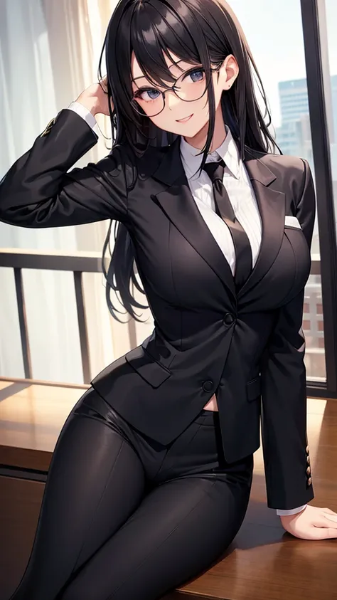 sexy older sister in a black business suit　　 　　 black tie 　　smile　  high res　  high res