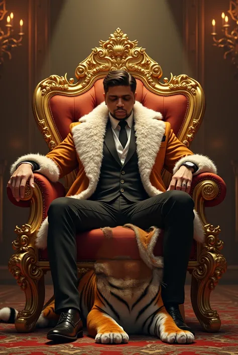 Young man Tycoon dressed in fur coat sitting on the golden throne with his pet Tiger sitting on the floor next to him 