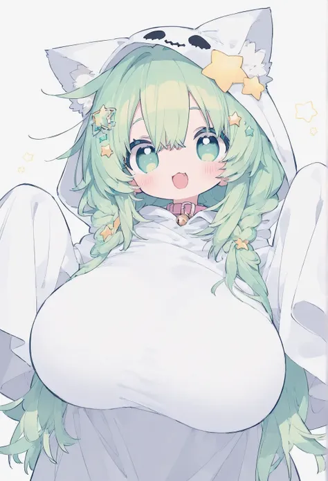 cute star hair ornament、 A cool woman with long emerald green hair and cat ears、 pastel colors 、 adult-like、Huge breasts、erotic ghost costume、 high school student