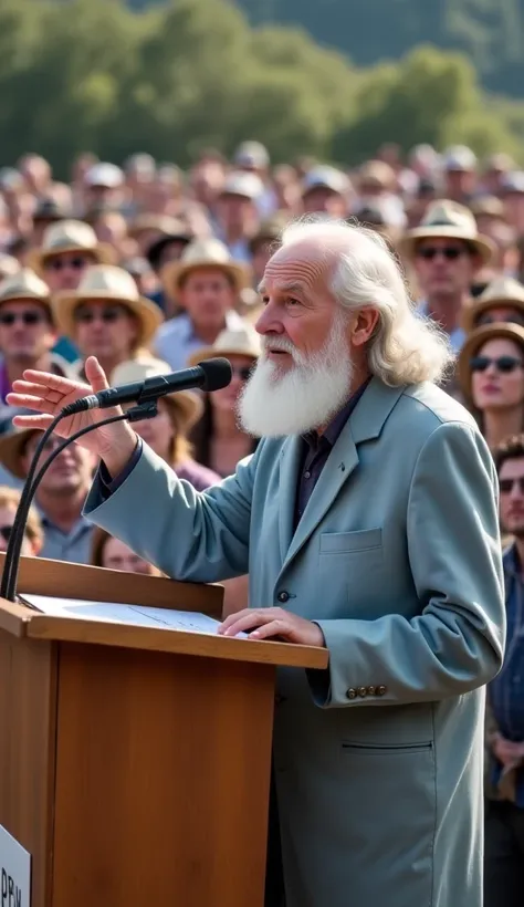 Hyper Real Stick.The image shows an elderly man standing on a stage, delivering a speech. He has a white beard, long hair, and is wearing a light blue coat. He is standing behind a wooden podium, gesturing with his hand while speaking. A microphone is plac...