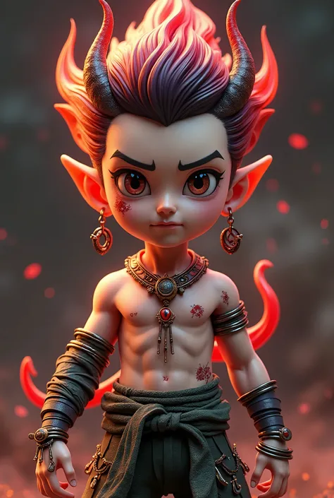 A Chinese animated character named Nezha, wearing a basketball vest, blue shorts, big watery eyes, and flame tied hair: dark red short hair bursts upwards like a burning flame, and the tail of the hair presents a charred and carbonized texture
Magic Mark: ...