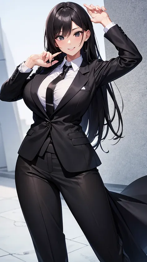 sexy older sister in a black business suit　　 　　The black tie is tight　　smile　  high res　  high res