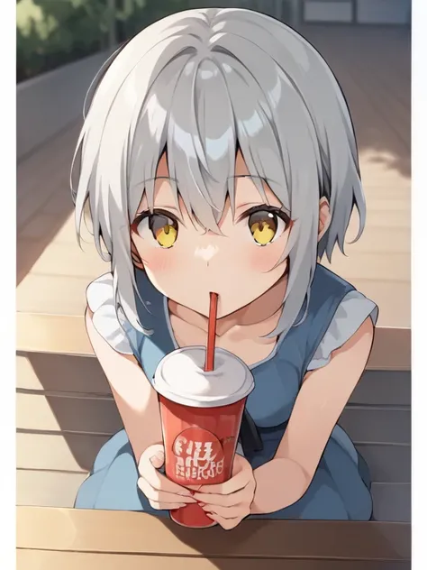  score_9,  score_8_ up,  score_7，  anime，nsfw， uncensored， Masterpiece， top quality，Staring at the camera、Cute girl with light gray hair and yellow eyes drinking a drink from a straw with eyes full of love 、ライトグレーの髪と黄色の瞳のかわいい女の子