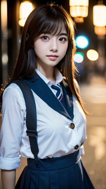  Details,Japanese,Perfect focus style, 1 girl, 1 image, Solo Photo,Beautiful legs, (Young Face ( Japanese)),  The background is a night town,Courageous Breasts to Focus , (slightly brown hair), ( wearing a Japanese high school girl uniform ）, (8k HDの非常に現実的...