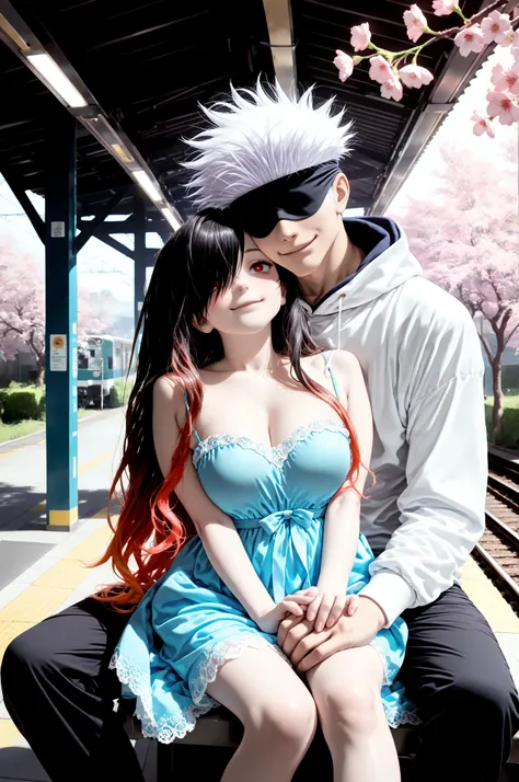 masterpiece, best quality, amazing quality, very aesthetic, absurdres, newest, scenery, vibrant colors, BREAK 1boy, gojou satoru, jujutsu kaisen, covered eyes, white hair, black blindfold, sexy man, handsome, hoodie, pants, BREAK duo focus, hetero, couple,...