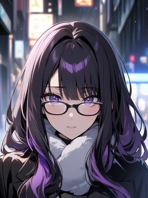 1 woman, long hair, black hair, bright purple highlights, purple eyes, beautiful appearance, black suit, cold face, glasses