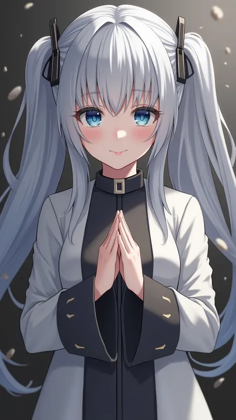  1girl  , silver long hair , twintales , blue eyes , large ebreasts ,smile , standing , priest , praying ,cross all fingers,((anatomically accurate)),master piece ,( top quality,4K,8k, Hi-Res, Masterpiece:1.2), super detailed,Highly Detailed Face and Body ...