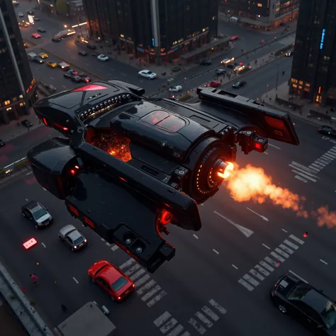 (best quality,4k,8k,highres,masterpiece:1.2), ultra-detailed. A hover car 20 stories high above a busy street in a major city in the future opens fire on another car that is parallel with it. <Lora:hk-m223c The image shows a glossy black car with a hk- m22...