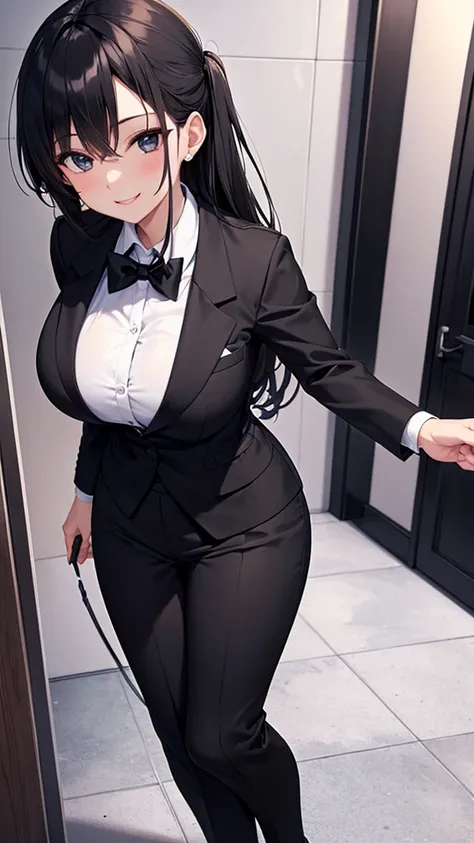 sexy older sister in a black business suit　　 　　The black tie is tight　　smile　  high res　  high res