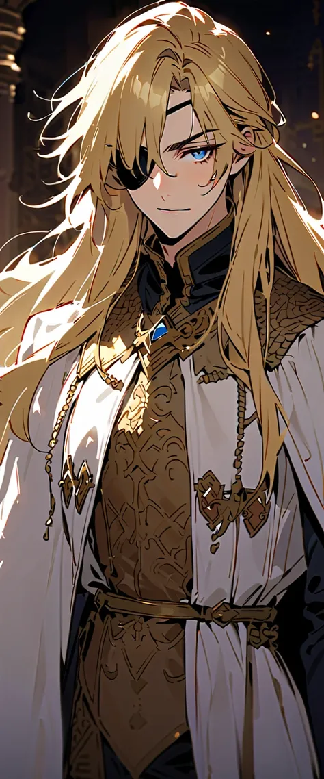 long haired blonde noble knight with eyepatch on right eye, handsome