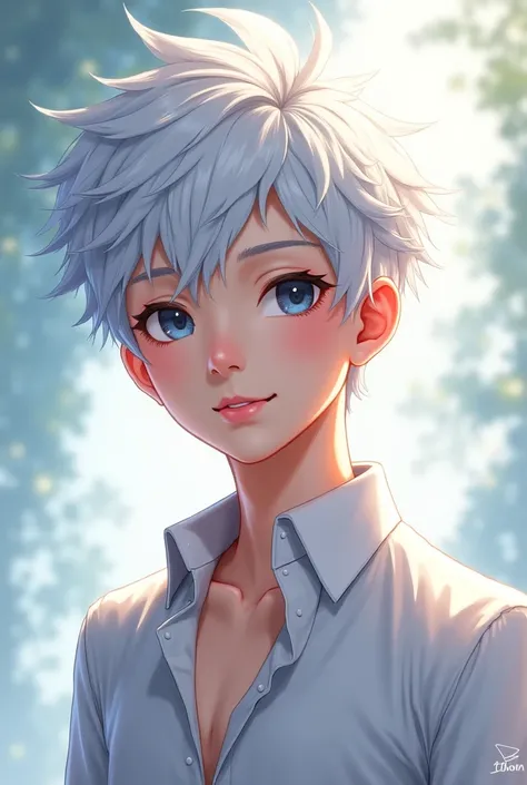 Draw a cute anime boy with white hair, half Thai, half Chinese, 174 cm tall.