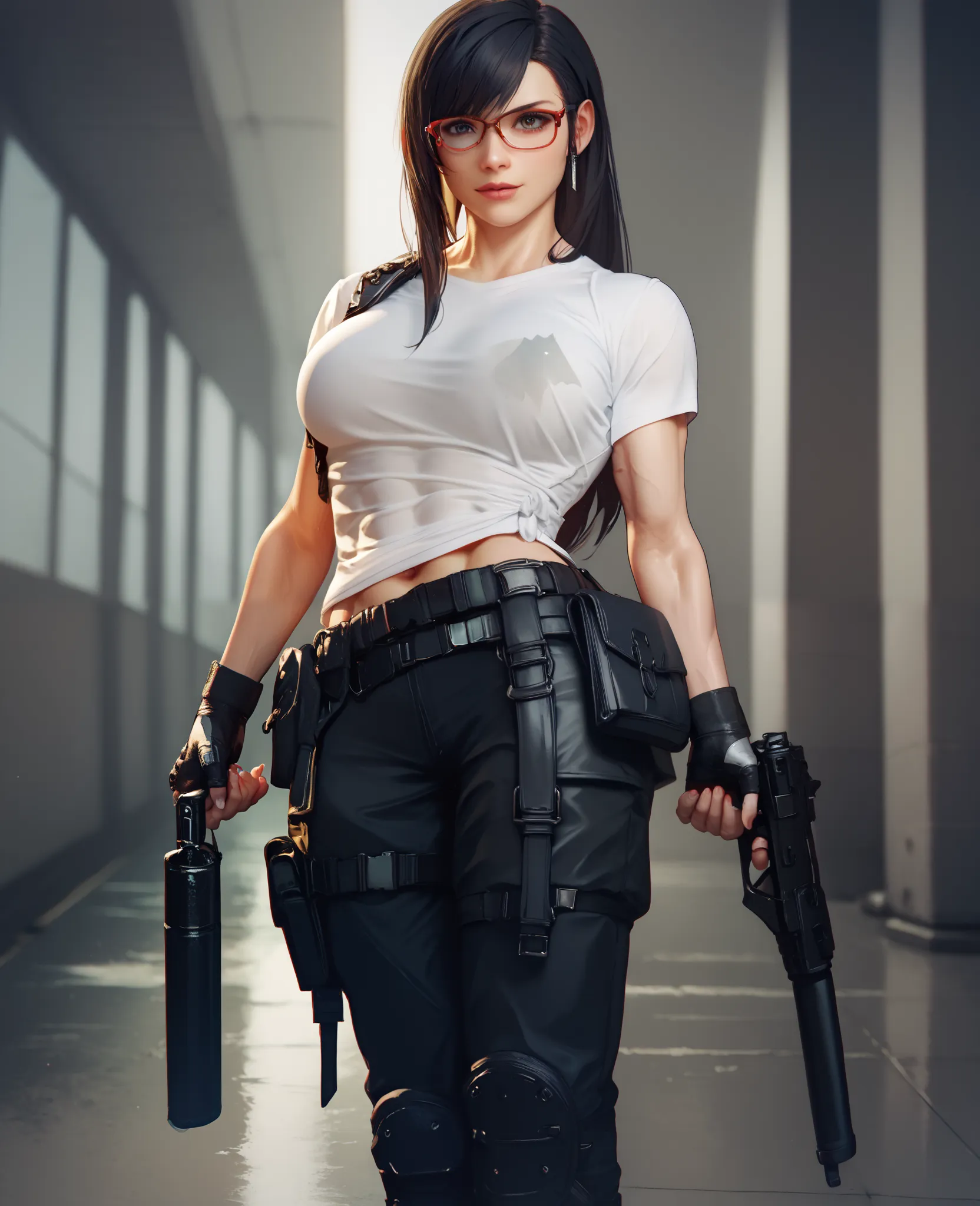 has an athletic and slim body, muscles are not too big, breasts are medium His skin was starting to get sunburned, a little darker than before. She now lets her long black hair hang loose. thin white t-shirt, Black tactical pants, Equipment belt, Combat bo...