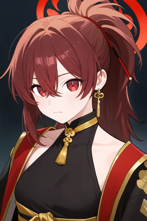 1 girl, Tied hair Ponytail, Brown hair and red hair on the edges of the hair, red eyes, but not bright, wear a sexy samurai outfit, หน้าอกไซส์ปานกลาง, have a gold earring, have a red halo