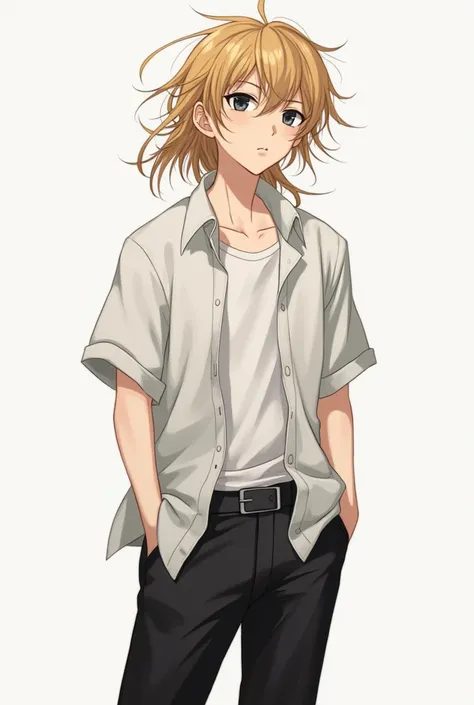 Anime, male, 16-, bronze-gold hair, white shoes, black pants, unbuttoned shirt, T-shirt, black eyes, looking to the side.