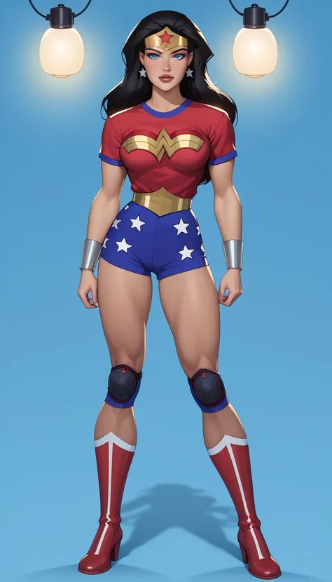 wonder  Woman,   big boobs,  Woman,  black hair,    lamp, wonder  Woman is sending a volleyball red and gold uniform, sports socks, neckline, shorts, knee pads,  volleyball red boots ,   best quality,   Masterpiece,    perfectly highlight complex anatomica...