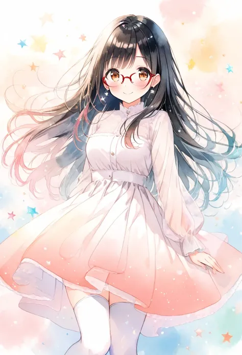 (ultra detailed:0.7), cover image, (soft pastel tones, watercolor, (bright color:1.3), transparent, gradation, harmonious and calm atmosphere:1.1), 1girl, , brown eyes are shining and cute, black hair, long hair, extremely detailed neat hair,Straight hair,...