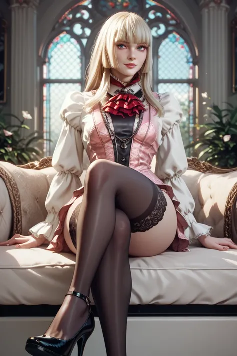 Emilie de Rochefort , long blomde hair, looks at the viewer, sitting in a limousine, crossed legs, visible thig, visible ass, in black stockings, medium tits
