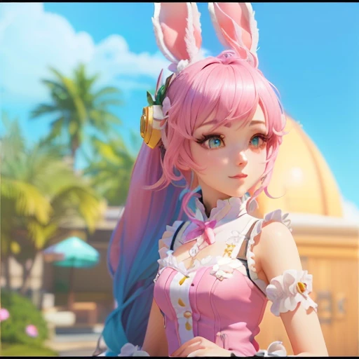 a close up of a person with a pink hair and bunny ears, stylized anime, render of a cute 3d girl, pink twintail hair and cyan eyes, from ncsoft, ultrarealistic sweet bunny girl, blade and soul, trending on cgstation, bunny girl, from overwatch, game cg, ra...