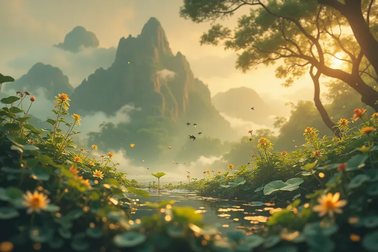 There are several green, lush plants growing on a beautiful scrolls, radiating a golden glow , some gold leaf scattered around ,Clouds and fog surround ,Mountain and Sea Ruri , Mountain and Sea Secret Volume ,Multi-level ,Ancient style ink painting,Zen,Ori...