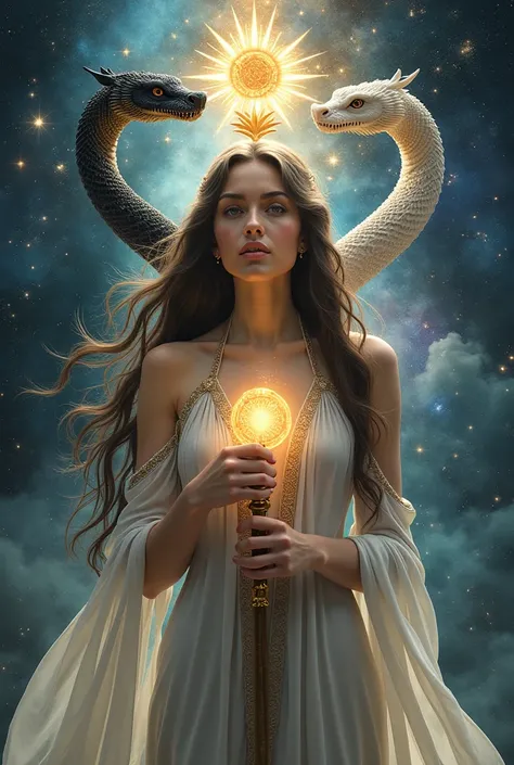 A surreal and hyper-realistic waist-up depiction of a celestial beauty with long, flowing hair, dressed in a shimmering silk gown that drapes elegantly over her shoulders, appearing as if woven from divine starlight. Her radiant eyes, filled with ancient w...