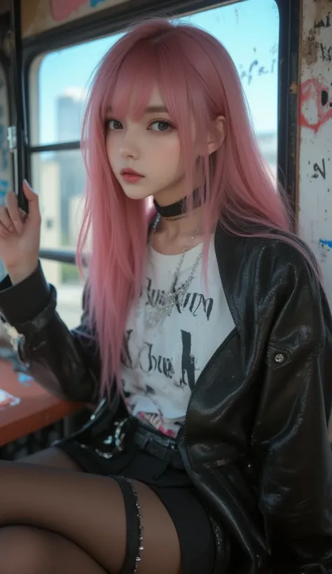 32K,  masterpiece,  top quality , (   beautiful Korean woman  ) close-up, Eye level,   pink long hair, bangs,  big eyes,  pale skin on a street car, Soft Features,  oversized shirt, Graphic print,  black skirt ,  pleats , Studded Details  ,   thigh high st...