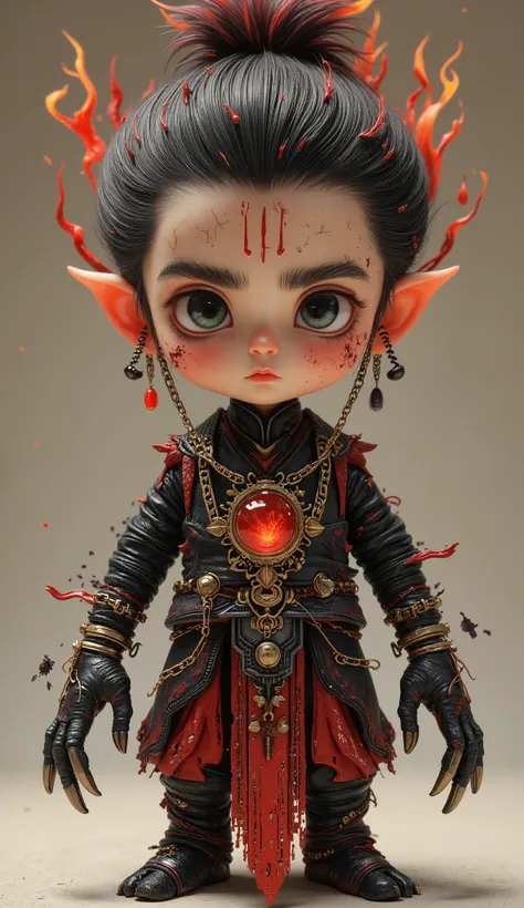 A Chinese animated character, Nezha, with big watery eyes, (Flame Bundle Hair: Dark red short hair bursts upwards like a burning flame, and the tail of the hair presents a charred and carbonized texture)
Magic Mark: Three blood red demon lines extend from ...