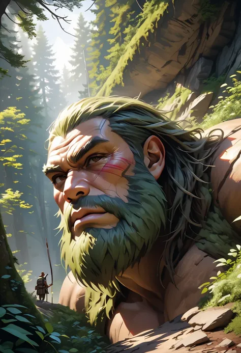 Masterpiece, (highest quality, create a high resolution,4K, 8k),(realistic,  photorealistic: 1.5),(Mysterious Forest giant god soldier),Very tall god,stand up,taller than the trees in the forest,Very Giant, very terrible god,break  ,There is a forest under...