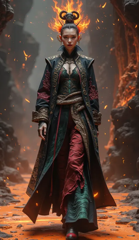 A fashion show of a Chinese animated character Nezha, with big watery eyes, (Flame Bundle Hair: Dark red short hair bursts upwards like a burning flame, and the tail of the hair presents a charred and carbonized texture)
Magic Mark: Three blood red demon l...