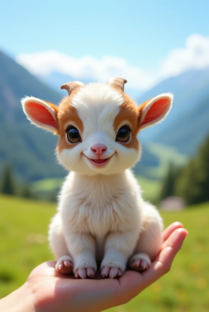 Here is a prompt to generate a similar image:

Prompt: "A small, fluffy baby goat with white and brown fur, looking cute and happy in a picturesque mountain landscape. The goat has bright, expressive eyes and slightly curled ears. It is being gently held b...