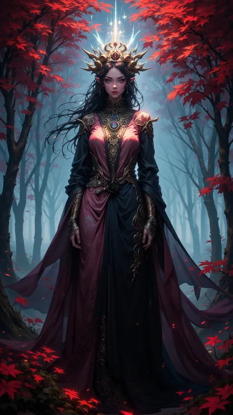  An enchanting portrait ， depicts a magical witch wearing a silk robe，Wearing a luminous headpiece ， staring intently at the horizon ， between blood-red leaves 