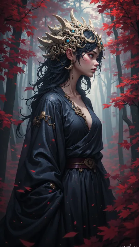  An enchanting portrait ， depicts a magical witch wearing a silk robe，Wearing a luminous headpiece ， staring intently at the horizon ， between blood-red leaves 