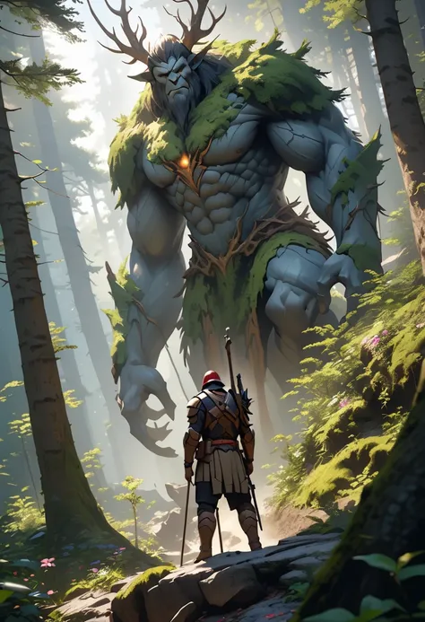 Masterpiece, (highest quality, create a high resolution,4K, 8k),(realistic,  photorealistic: 1.5),(Mysterious Forest giant god soldier),Very tall god,stand up,taller than the trees in the forest,Very Giant, very terrible god,break ,There is a forest under ...