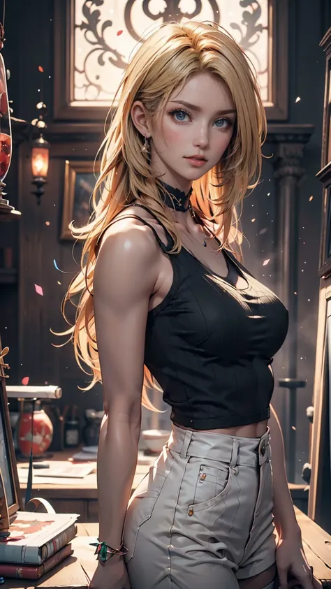 Woman Blonde Hair、 green eyes、Pink Bat、Black top, Realistic painting style, Portrait of Rosdrow, Art Germ Portraits, Anime realistic art style, 4K realistic digital art, 4K realistic digital art,  8k artgerm bokeh , DeviantArt Artstation CGScosiety, artger...