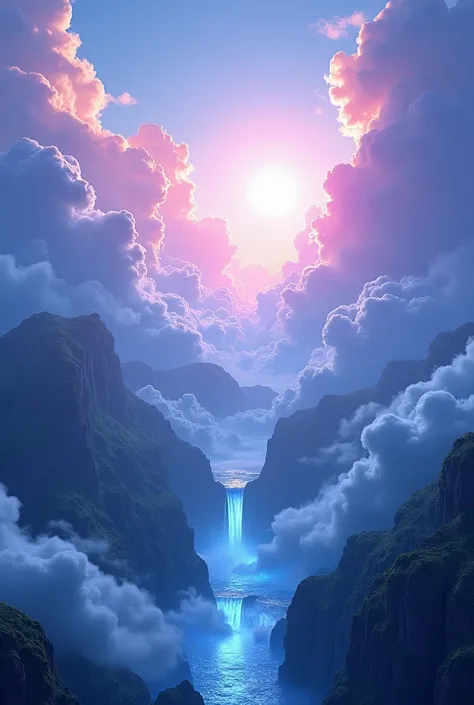 landscape of heaven, lush clouds, abundant landscapes, cities on landmasses, pinacle focused colors of blue and white, futuristic cities, vibrant abundent billowing clouds with purple and pink and blue reflecting the lights of the morning sun, God-rays sho...