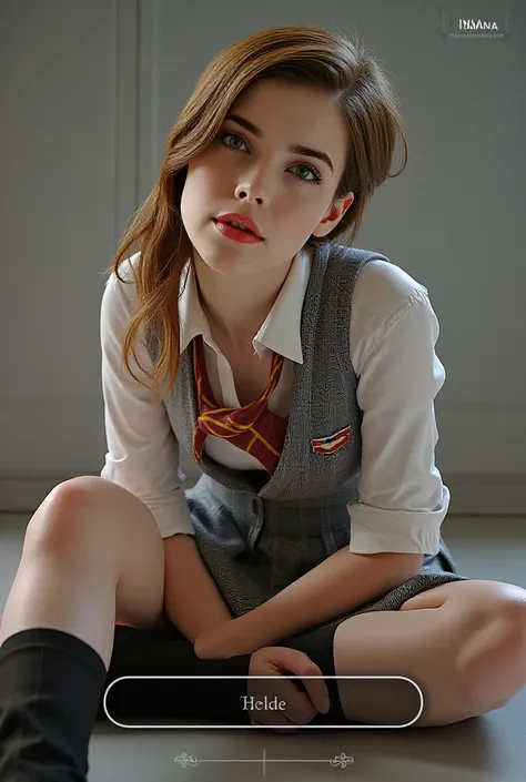 Create realistic image of Emma Watson as sexy Hermione in uniform, sitting seductively 