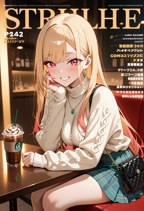 Marin Kitagawa, sitting at a stylish café booth, sipping her iced latte through a straw, casually pulling up the sleeve of her soft knit cardigan, looking at her cup with a neutral, relaxed expression, long loose blonde hair cascading over her shoulders, l...