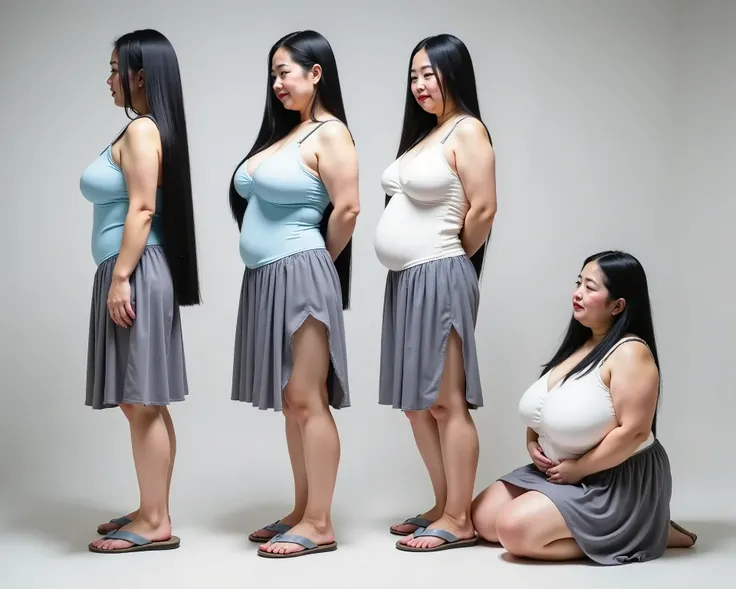  Full length image of the same black-haired Japanese woman and picture size, depicted in full from head to toe ,  little head , big body,  big breasts,  thick gray skirt with wide hips and a big belly , stands straight, four poses , 1 front view, 2 side vi...