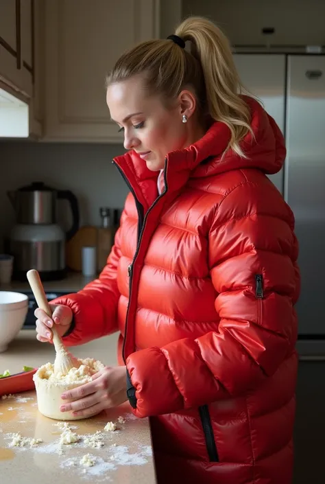  Realistic photo, woman, 25, with blonde hair and ponytail, Stands in the kitchen and stirs dough,  covered only with a long red nylon puffer jacket, There are stains from whipped cream on the puffer jacket.