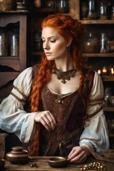  beautiful photo ,  waist up ,   Young female merchant,  red-haired beauty ,  thoracic,   splitting  ,  Detailed background ,  medieval , in her shop,  fantastic items , fantasy, magic,  potions, devices, 22 years old,  Real skin texture , skin pores, deta...